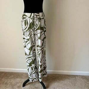Messini Green & White Comfort Stretch PullOn Pants with Elastic Waist Medium